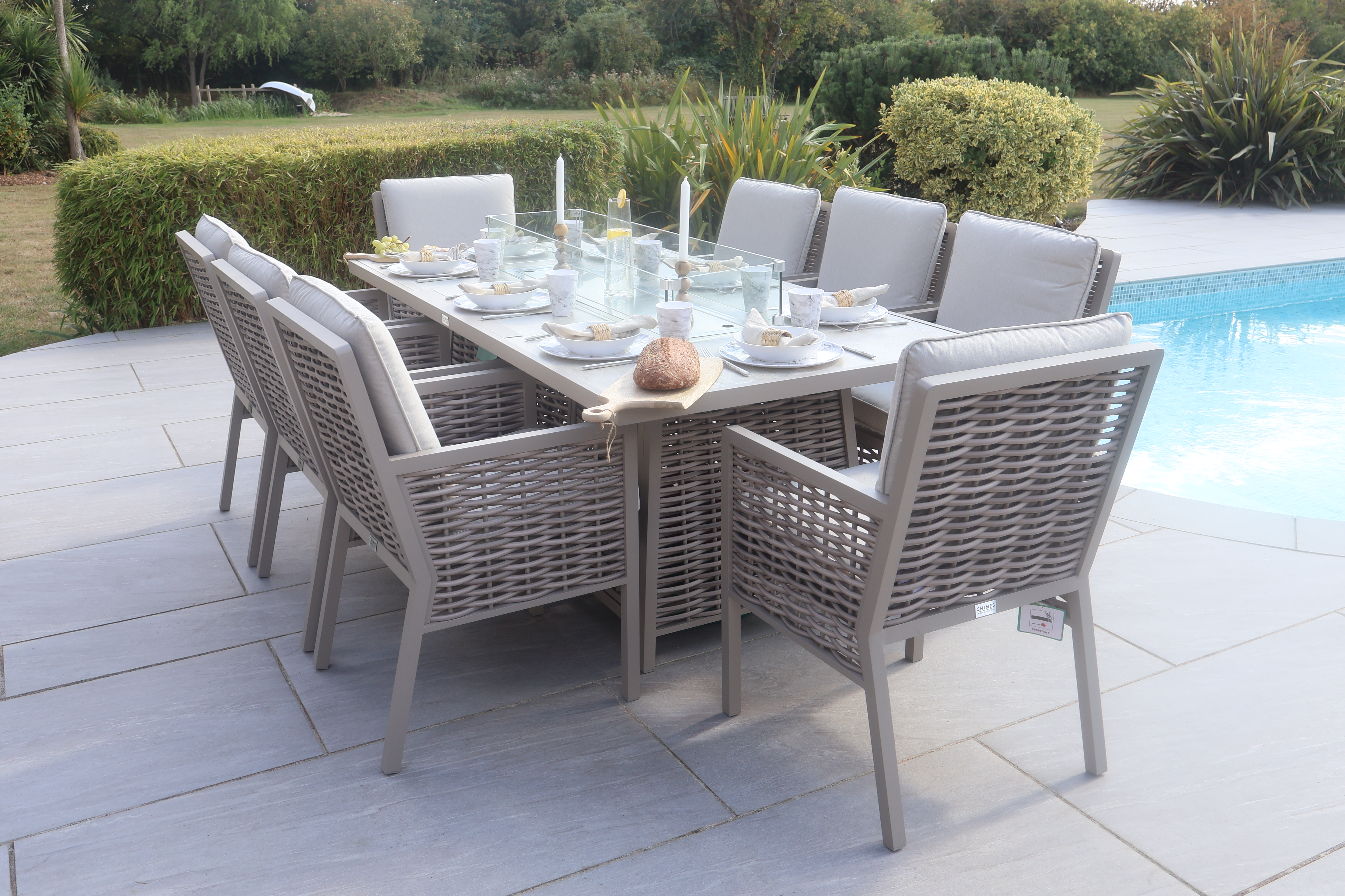 Chimes - Monaco Aluminium 8 Seat Rectangular Dining Set - 1 Meter x 2 Meter Table With Firepit - Rope Weave - Cream